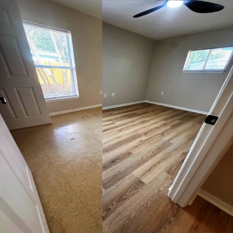 Before and after luxury vinyl plank installation by PSL Floor & Supply in Port St. Lucie — exposed subfloor removed and new LVP installed