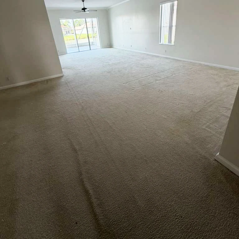 Large living room with worn beige carpet before renovation — ready for Waterproof Luxury Vinyl Plank 5.5mm installation in Sara Oak